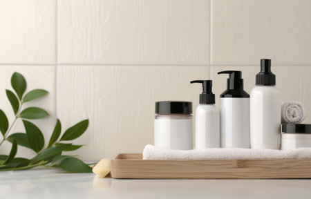 A wooden tray with white bottles of various sizes and a small brown bottle sits on a countertop in a bathroom. A folded towel and a leafy plant are visible in the background.の素材