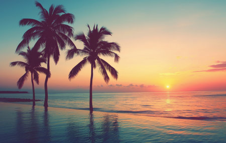 Tall palm trees cast shadows over still pool water against sunset hues of orange and pink. Breeze rustles palms, bringing tranquility as sun sets below horizonの素材