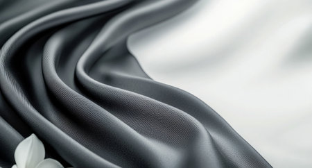 A luxurious black fabric gently drapes with soft waves, showing its rich texture and sheen, emphasizing its elegant appearance against a light background.の素材