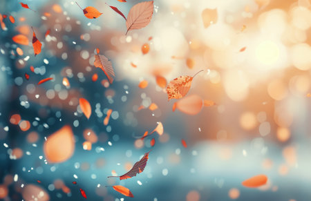 Leaves in vibrant shades of orange and yellow cascade gently from trees in a forest, creating a magical autumn atmosphere under the warm sunlight, with a soft focus on the blurred background.の素材