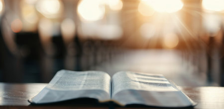A Bible lies open on a wooden bench, bathed in the warm light of the setting sun.の素材