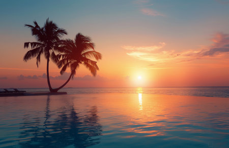 Two palm trees stand silhouetted against a vibrant sunset over a calm ocean, reflecting the golden light. The image captures the beauty of a tropical sunset and the tranquility of the ocean.の素材