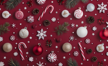 A vibrant arrangement of Christmas ornaments, candy canes, and pine branches displayed against a red background, creating a cheerful holiday atmosphere.の素材