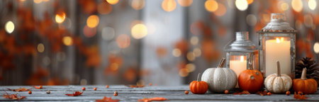 Pumpkins, candles, and a lantern sit on a wooden table with a blurred autumn background.の素材