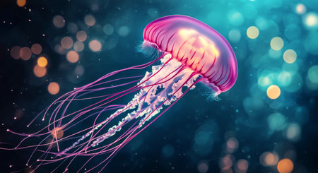 A vibrant jellyfish drifts effortlessly through the dark blue waters, illuminated by soft light, showing its graceful tentacles and ethereal beauty in a tranquil underwater setting.の素材
