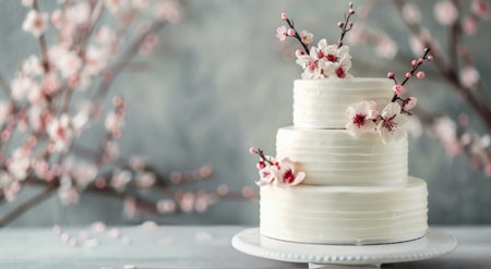 A three-tiered wedding cake with white frosting and delicate pink flowers sits on a white pedestal against a soft blue-green backdrop.の素材