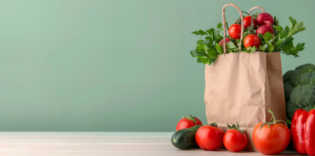 A reusable bag filled with fresh broccoli, lettuce, and other vegetables rests next to red bell pepper, tomatoes, and onions on a green surface, showing healthy food choices.の素材