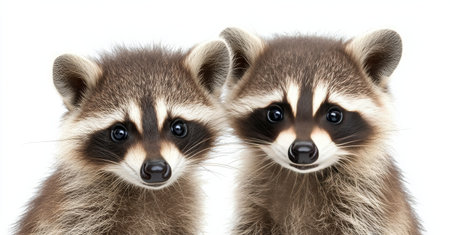 Two adorable raccoons with distinctive facial markings sit closely together, displaying curiosity and fun in a lush, natural environment.の素材
