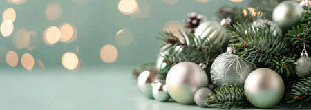 Decorative Christmas ornaments in silver, teal, and green rest on a frosted surface. Soft, colorful bokeh lights create a warm holiday atmosphere, capturing the spirit of the season.の素材