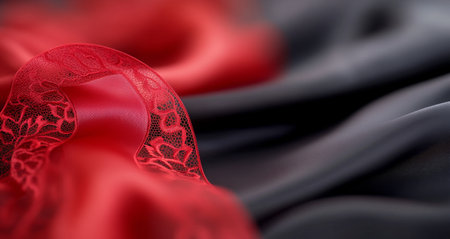 A close-up view showcases the delicate coral lace trim on luxurious silk fabric, highlighting the texture and craftsmanship of the materials used.の素材