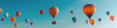 A multitude of vibrant hot air balloons fills the sky during dawn, creating a stunning spectacle. The warm sunlight enhances the colors against the clear blue backdrop, inviting awe and wonder.の素材