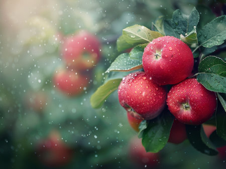 A cluster of vibrant red apples glistens with droplets of water, hanging from green leaves in an orchard as light rain falls softly around them, creating a fresh, inviting atmosphere.の素材
