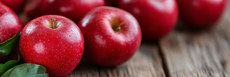 A cluster of shiny red apples is displayed on a weathered wooden surface, accompanied by vibrant green leaves, showing their freshness and natural appeal.の素材