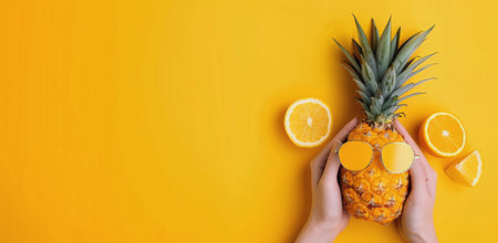 Hands gently cradle a fresh pineapple, showing its textured skin and vibrant green crown against a bright yellow background, emphasizing the fruit's freshness and tropical essence.の素材