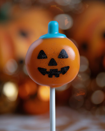 A vibrant orange lollipop shaped like a pumpkin with a mischievous jack-o'-lantern face stands out against a softly blurred background of Halloween decorations, evoking a festive autumn spirit.の素材