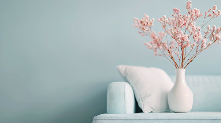 A soft blue couch with a textured surface complements a minimalist decor. A slender glass vase holds a delicate cherry blossom branch, adding a touch of nature to the calming atmosphere.の素材