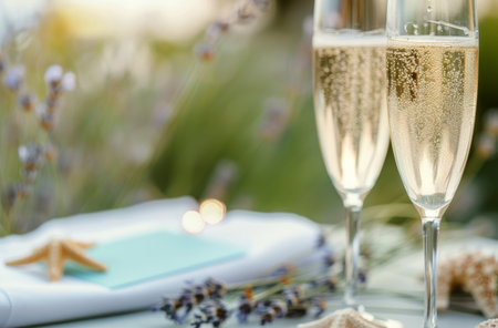 Two champagne flutes filled with bubbly champagne sit on a table with a white tablecloth. There are lavender stems and a starfish on the table, with a blurred background of lush greenery.の素材