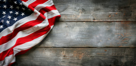 The vibrant American flag rests elegantly on a weathered wooden surface, highlighting the contrast between the rich colors of the flag and the natural texture of the wood.の素材