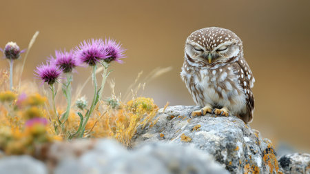 A small owl with closed eyes rests on a rock surrounded by blooming purple thistle flowers as morning light gently illuminates the scene, creating a tranquil atmosphere.の素材