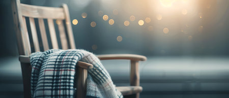 A wooden rocking chair sits on a porch with a plaid blanket draped over the seat. The background is blurred with a soft light emanating from behind the chair.の素材