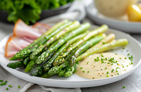 Asparagus spears are arranged on a white plate, topped with hollandaise sauce and served with thinly sliced ham.の素材