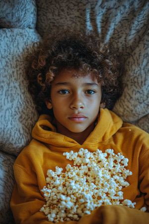A young person lounges on a couch wrapped in a soft blanket, enjoying a large bowl of popcorn while preparing for a movie night, creating a relaxed and cozy atmosphere.の素材