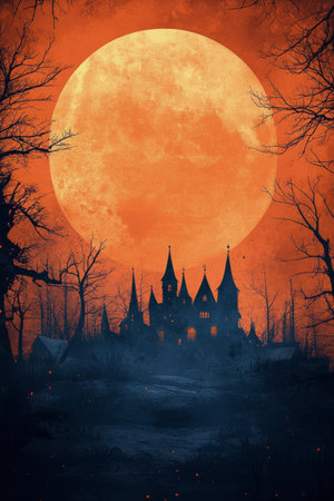 A haunting landscape features a massive full moon casting an eerie glow over a dark forest with silhouetted trees. Bats fly across the vibrant red sky, enhancing the spooky atmosphere.の素材