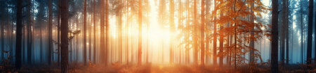 Morning sunlight breaks through a dense forest, casting a warm golden glow among tall trees. The mist adds a mystical atmosphere, enhancing the beauty of the natural landscape during dawn.の素材
