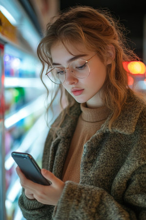 A young woman stands in a supermarket, checking her smartphone as she browses through a colorful display of fresh produce. She wears stylish glasses and a black jacket, focused on her task.の素材
