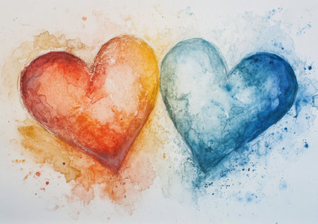 A pair of watercolor hearts in warm shades of orange and red is artistically displayed, representing love and emotional connection. The soft blending of colors adds depth to the artwork.の素材
