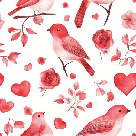 This vibrant pattern features charming birds, hearts, and delicate roses scattered across a light background, creating a lovely and whimsical design ideal for fabric or wallpaper.の素材
