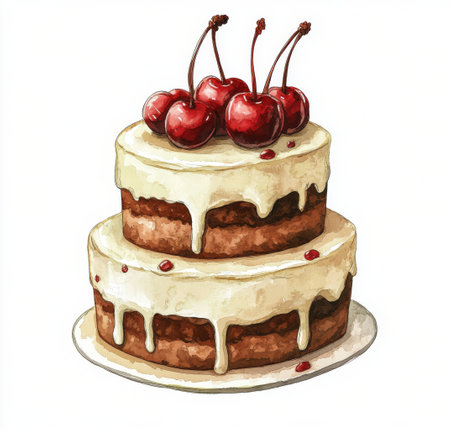 A beautifully decorated two-tiered cake is displayed, featuring layers of moist vanilla sponge covered in rich cream frosting, crowned with vibrant red cherries for a delightful touch.の素材
