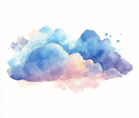 Gentle watercolor clouds blend shades of blue and purple, creating a calming atmosphere against a clean white backdrop. The artwork evokes tranquility and whimsy.の素材