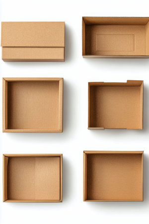 Various open cardboard boxes are arranged on a white background, showing different sizes and shapes. Each box is empty, emphasizing their versatility for storage or shipping.の素材