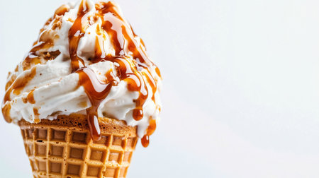 A delicious soft serve ice cream is served in a crispy waffle cone, generously topped with caramel sauce and crushed nuts for added flavor and texture.の素材