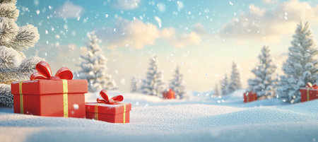 A picturesque winter landscape features snow-laden evergreen trees and vibrant gift boxes. Snowflakes gently fall, creating a festive atmosphere in this serene environment.の素材