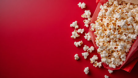 A bag of popcorn sits on a bright red surface, partially opened to reveal fluffy popcorn kernels. Some kernels have spilled out, adding to the playful composition of the scene.の素材