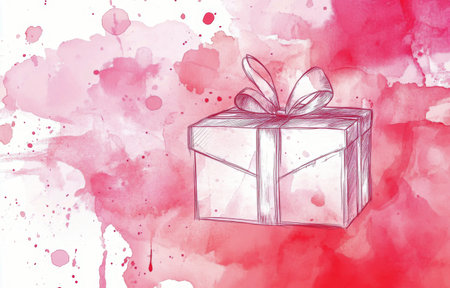 A charming gift box is decorated with a bow, surrounded by soft, vibrant watercolor splashes that create a festive atmosphere. The playful colors enhance the sense of celebration and joy.の素材