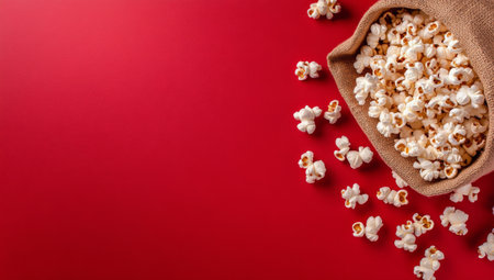 A burlap sack is filled with fresh, fluffy popcorn, scattering pieces across a bright red background, creating a playful and inviting display perfect for a movie night snack.の素材