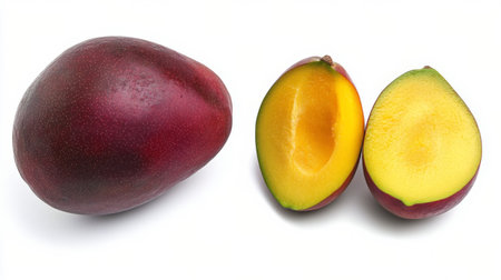 Bright yellow mangoes and their slices are artistically scattered alongside green leaves, creating a refreshing composition that highlights their natural beauty and essence.の素材
