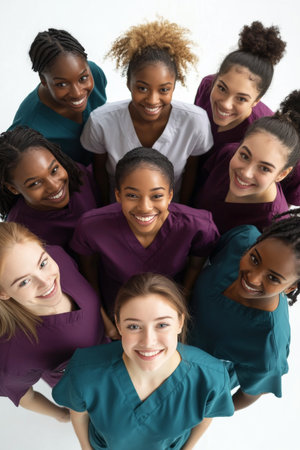 A diverse group of female healthcare professionals gathers in a bright room, all wearing scrubs and showing friendly smiles. The camaraderie among them is evident as they stand in a circle.の素材