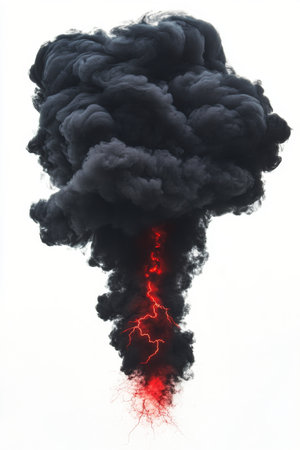 A towering dark cloud billows upward, marked by fiery red hues and dramatic lightning weaving through the storm. This intense weather phenomenon showcases natures power and beauty.の素材