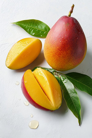 A vibrant mango with a smooth, colorful skin sits beside freshly cut slices. Green leaves surround the fruit, enhancing its tropical appeal on a light background.の素材