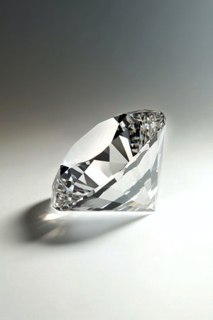 The diamond, cut to perfection, sits on a gently curved surface, showing its multifaceted brilliance while catching rays of light that enhances its sparkling appearance.の素材