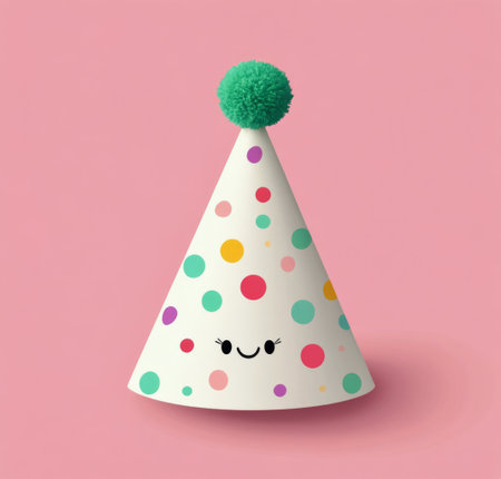 A playful party hat adorned with vibrant polka dots and a fluffy pom-pom sits against a soft pink background, evoking a fun and festive atmosphere perfect for celebrations.の素材