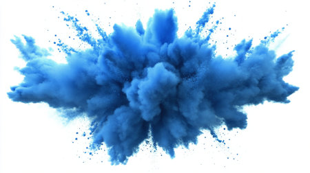 A vibrant burst of blue powder scatters and forms an impressive cloud against a white background, showing the motion and energy of the explosion. The vivid color creates a striking visual.の素材
