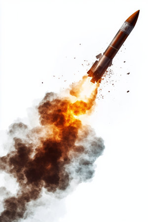 A rocket launches powerfully, creating an impressive cloud of smoke and fire. The bright flames and debris contrast against a plain backdrop, symbolizing innovation and exploration.の素材