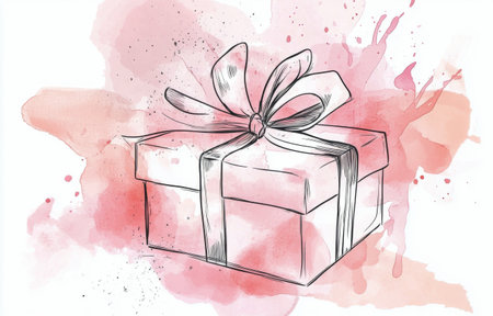 A gift box is illustrated with a ribbon tied on top, surrounded by a vibrant watercolor splash of pink hues, conveying a sense of celebration and anticipation.の素材
