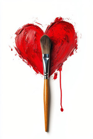 A paintbrush dips into vibrant red paint, skillfully crafting a heart shape on a blank white canvas, symbolizing love and creativity in an artistic workspace.の素材