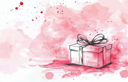 A gift box is illustrated with a ribbon tied on top, surrounded by a vibrant watercolor splash of pink hues, conveying a sense of celebration and anticipation.の素材